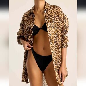 991 NWT Vitamin A Playa Linen Boyfriend Shirt - Lux Leopard EcoLinen Sz XS